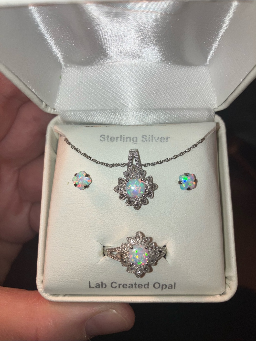New Lab-Created Opal Jewelry Set  Necklace, Ring Sz7, Opal stud earrings.